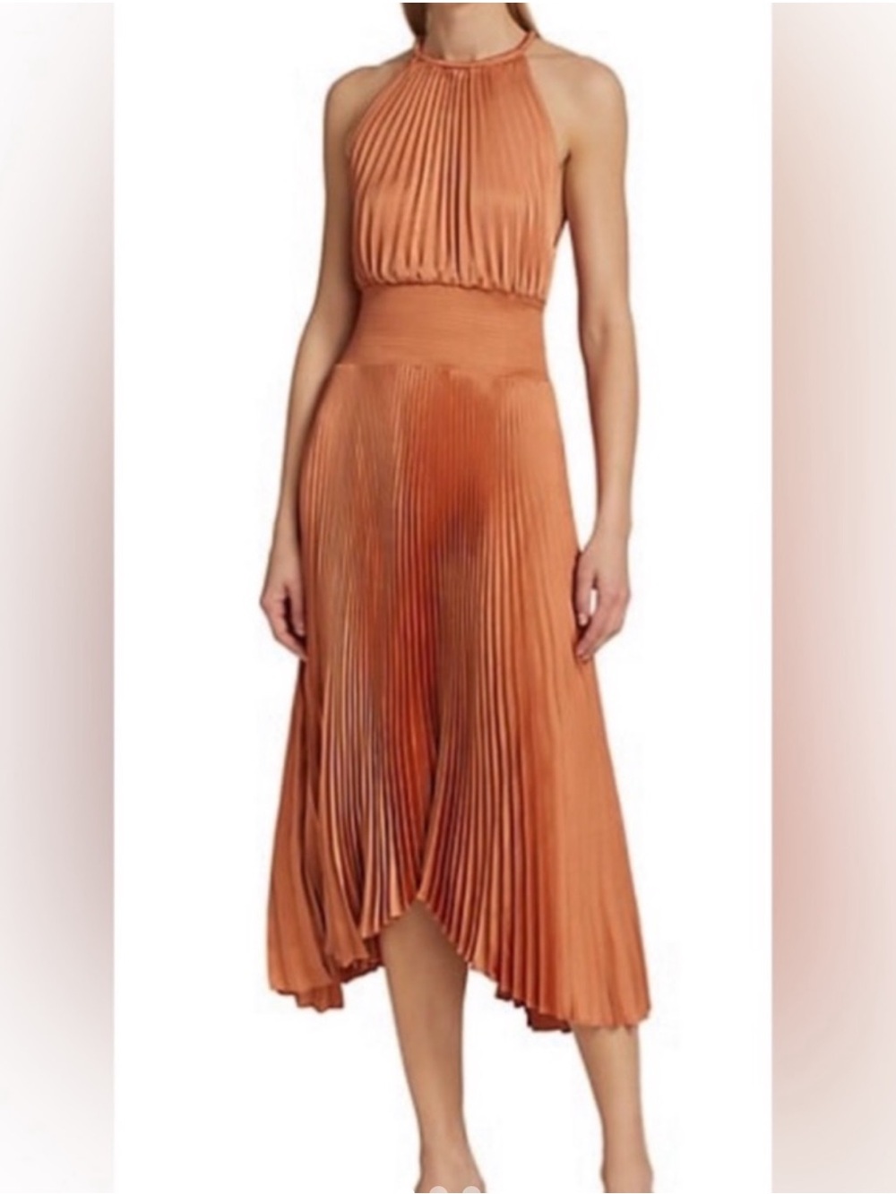 A.L.C. Pleated High-Waist Asymmetrical Midi Skirt in Rust